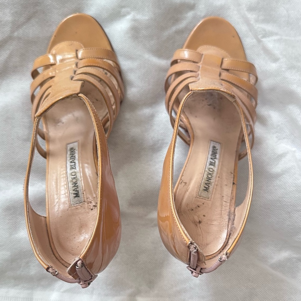 Manolo Blahnik Nude Patent Leather Strappy Slingback Heels AS IS